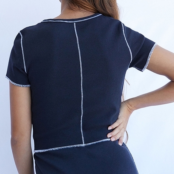 Pacsun PacCares Trusting Black Exposed Seams Ribbed Short Sleeve Crop Top - Picture 3 of 8